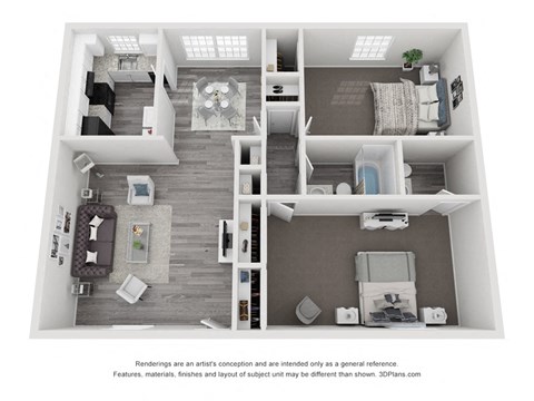 Floor plan for 2 beds, 1.5 baths, 1250 sqft